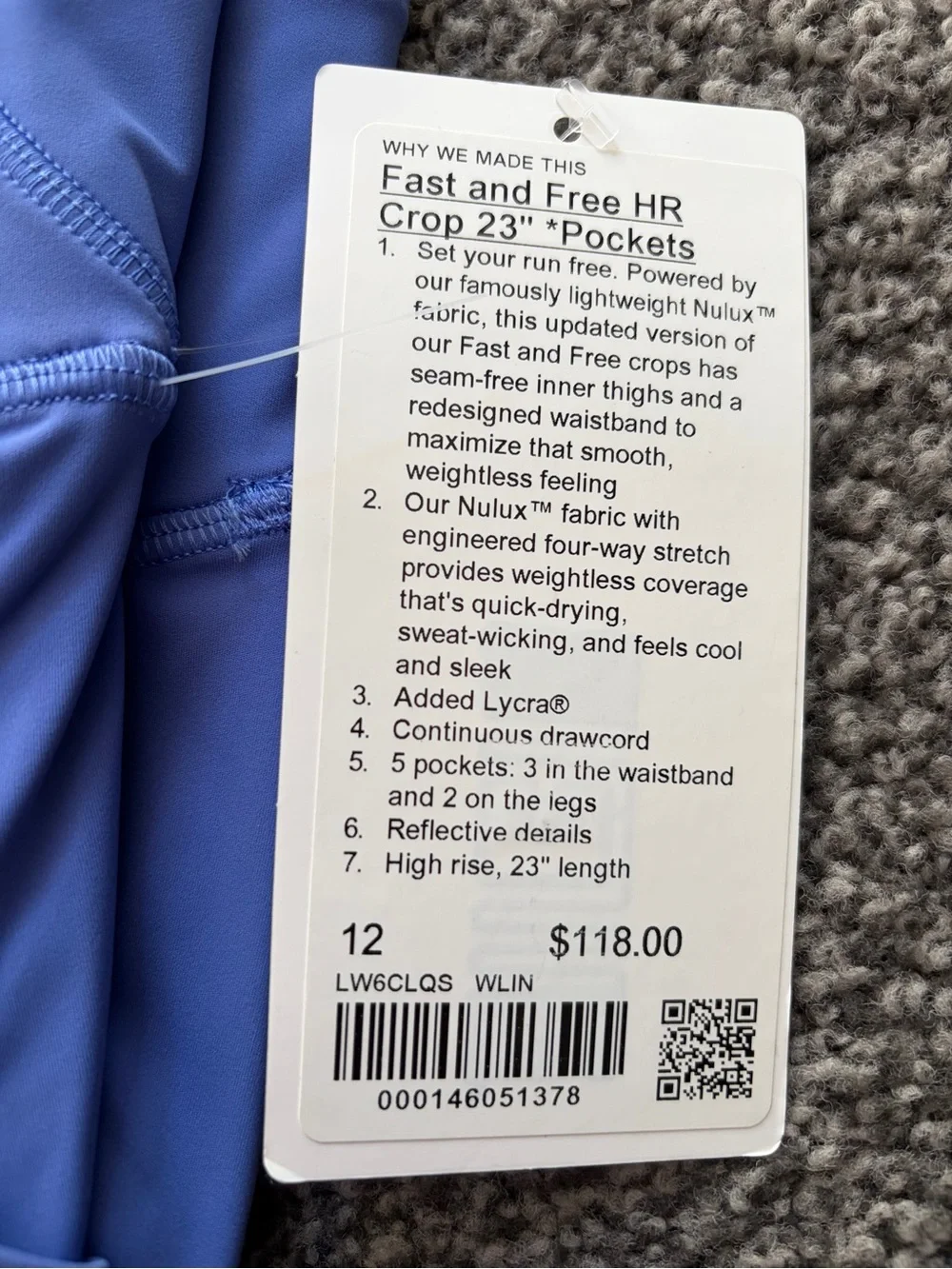 Lululemon Fast And Free HR Crop 23” Leggings Pockets Wild IndigoWLIN Size 12 NWT